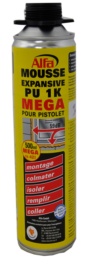 Mousse expansive PU 1K MEGA 500 ml pour pistolet Mousse expansive PU 1K MEGA 500ml pour pistolet